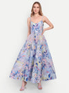 Luxury women’s blue floral Sumi maxi dress with elegant flowy silhouette and designer look