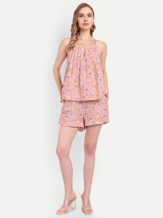 Women's pink floral print high-waist lelo shorts with flared hem and comfortable fit