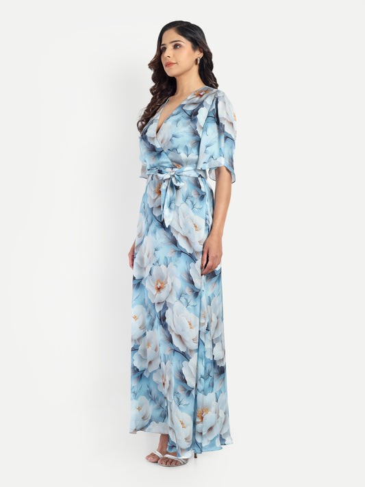 Women’s blue floral Isabella dress with wrap style, flowy maxi fit and elegant stylish design