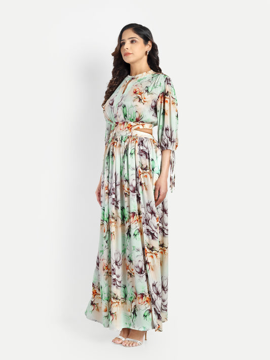 Women’s green floral Selesia dress with flowy maxi fit, side slit and elegant stylish design