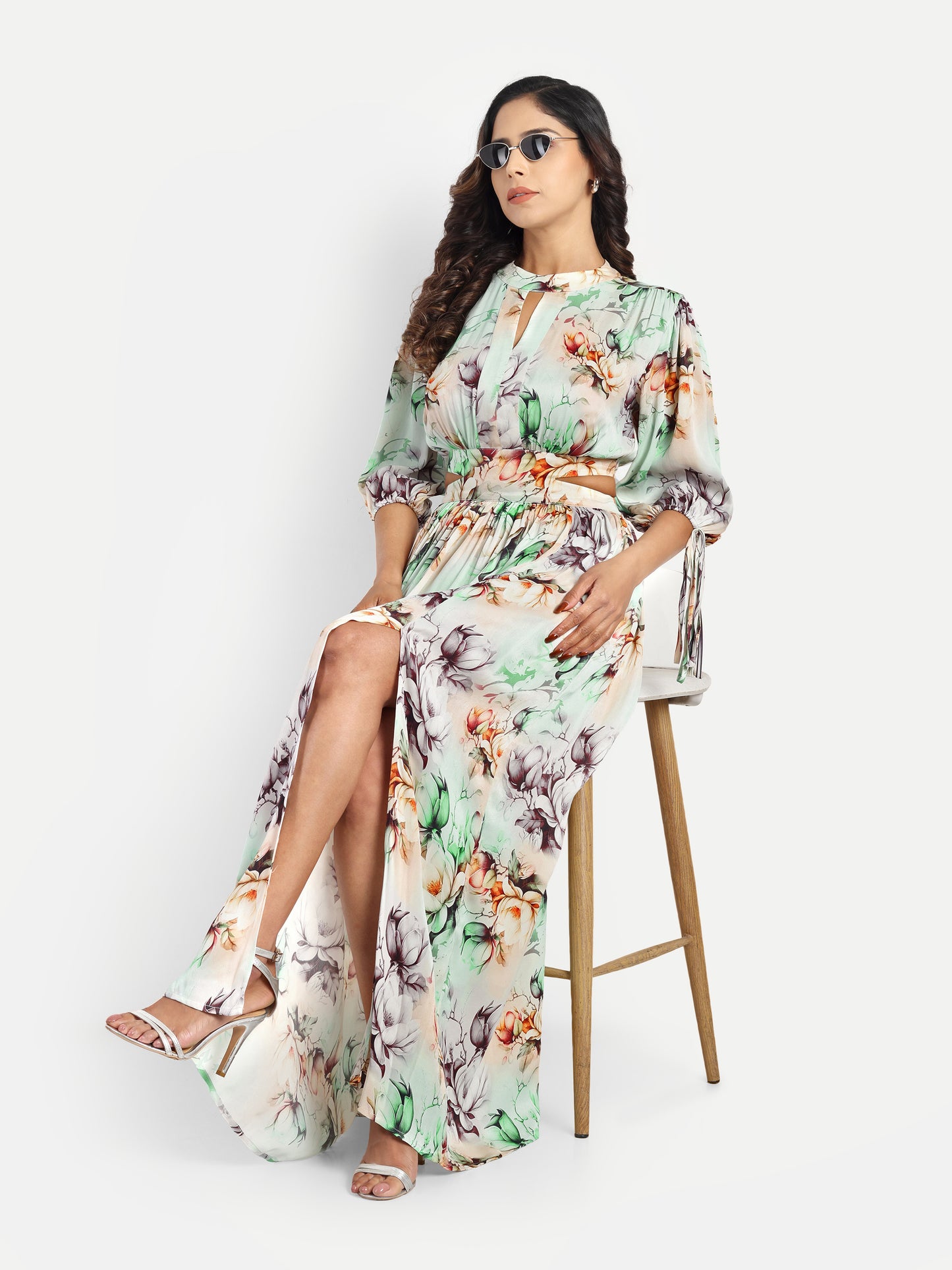 Women’s green floral Selesia dress with flowy maxi fit, side slit and elegant stylish design