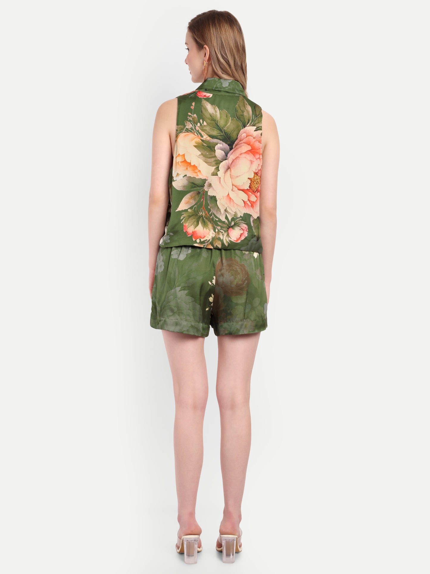 Women’s green floral Sito jacket CB set with sleeveless jacket and matching shorts