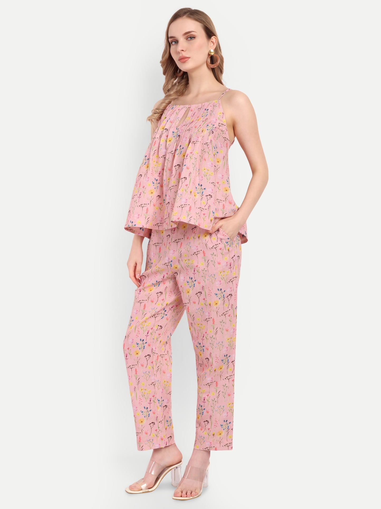 Women’s pink floral Lelo sleeveless top with keyhole neckline and relaxed fit