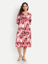 Women’s red printed Dezi midi dress with long sleeves and elegant relaxed fit