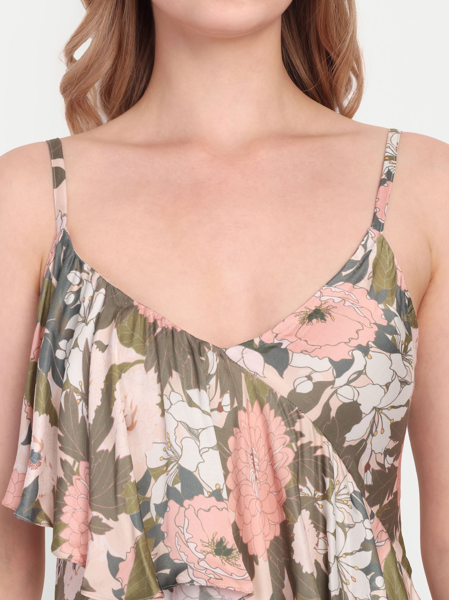 Hika Dress – women’s floral midi dress with ruffle layers and spaghetti straps, perfect for summer wear