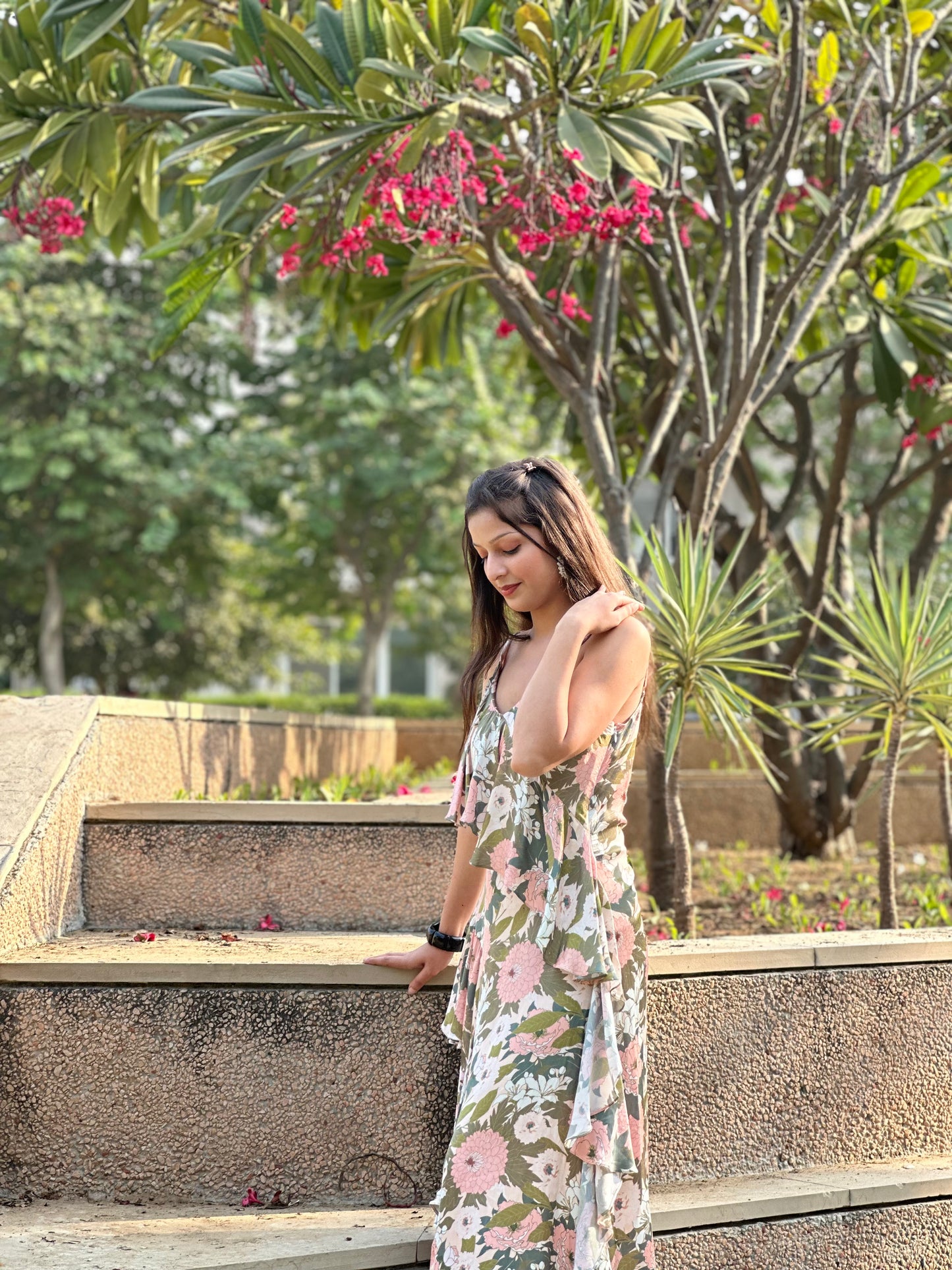 Hika Dress – women’s floral midi dress with ruffle layers and spaghetti straps, perfect for summer wear