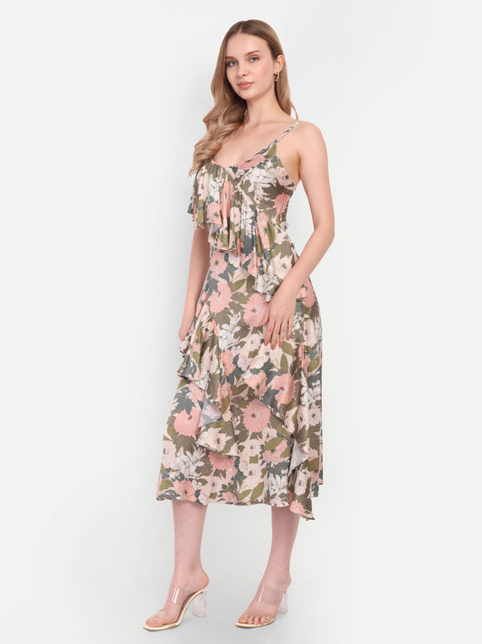 HIka Dress – women’s floral midi dress with ruffle layers and spaghetti straps, perfect for summer wear
