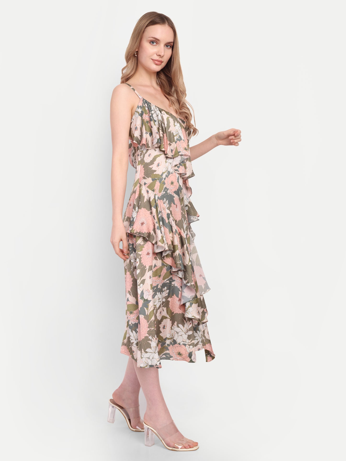 Hika Dress – women’s floral midi dress with ruffle layers and spaghetti straps, perfect for summer wear