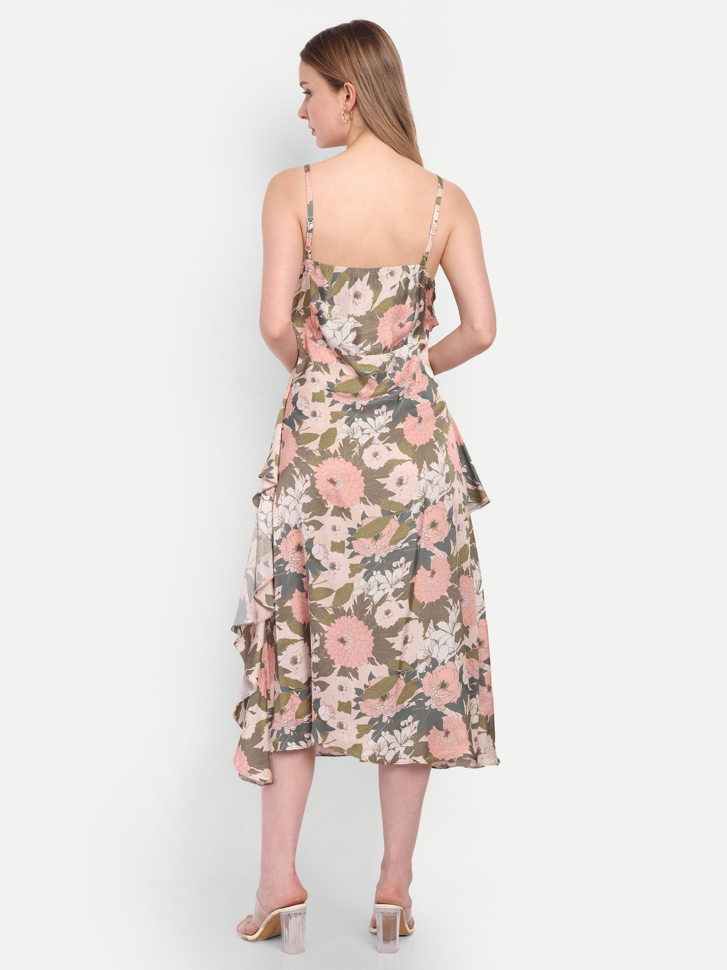 Hika Dress – women’s floral midi dress with ruffle layers and spaghetti straps, perfect for summer wear