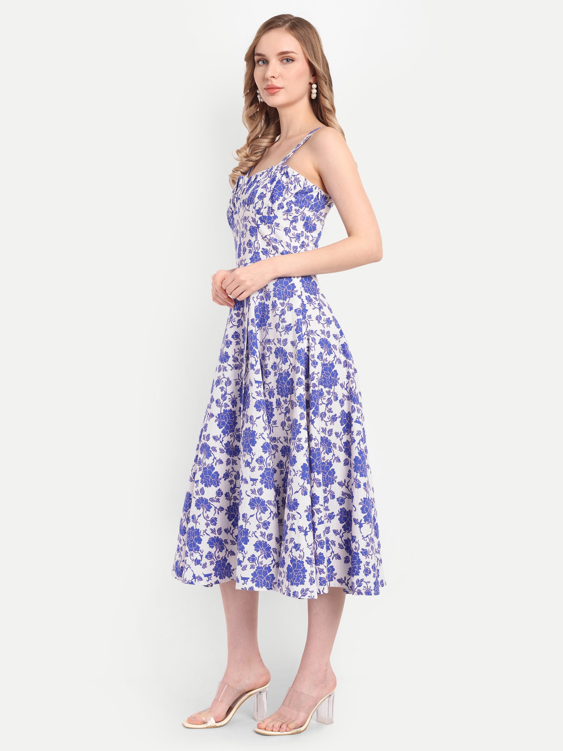 Luxury women’s blue floral Dudu midi dress with elegant flared silhouette and premium design