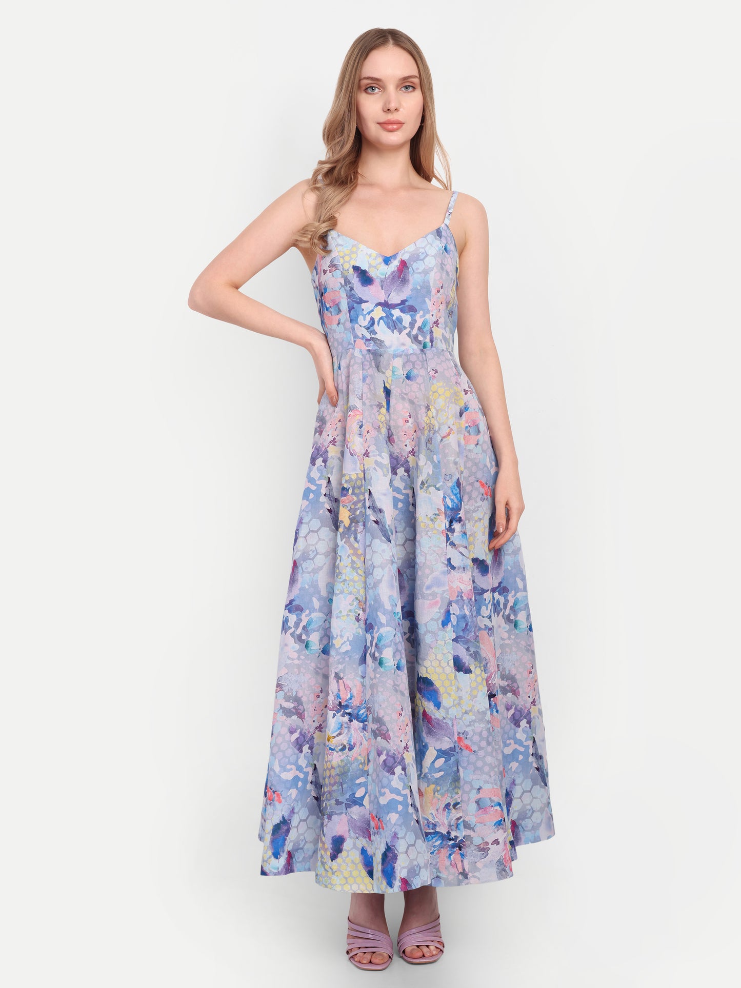 Luxury women’s blue floral Sumi maxi dress with elegant flowy silhouette and designer look