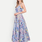 Luxury women’s blue floral Sumi maxi dress with elegant flowy silhouette and designer look