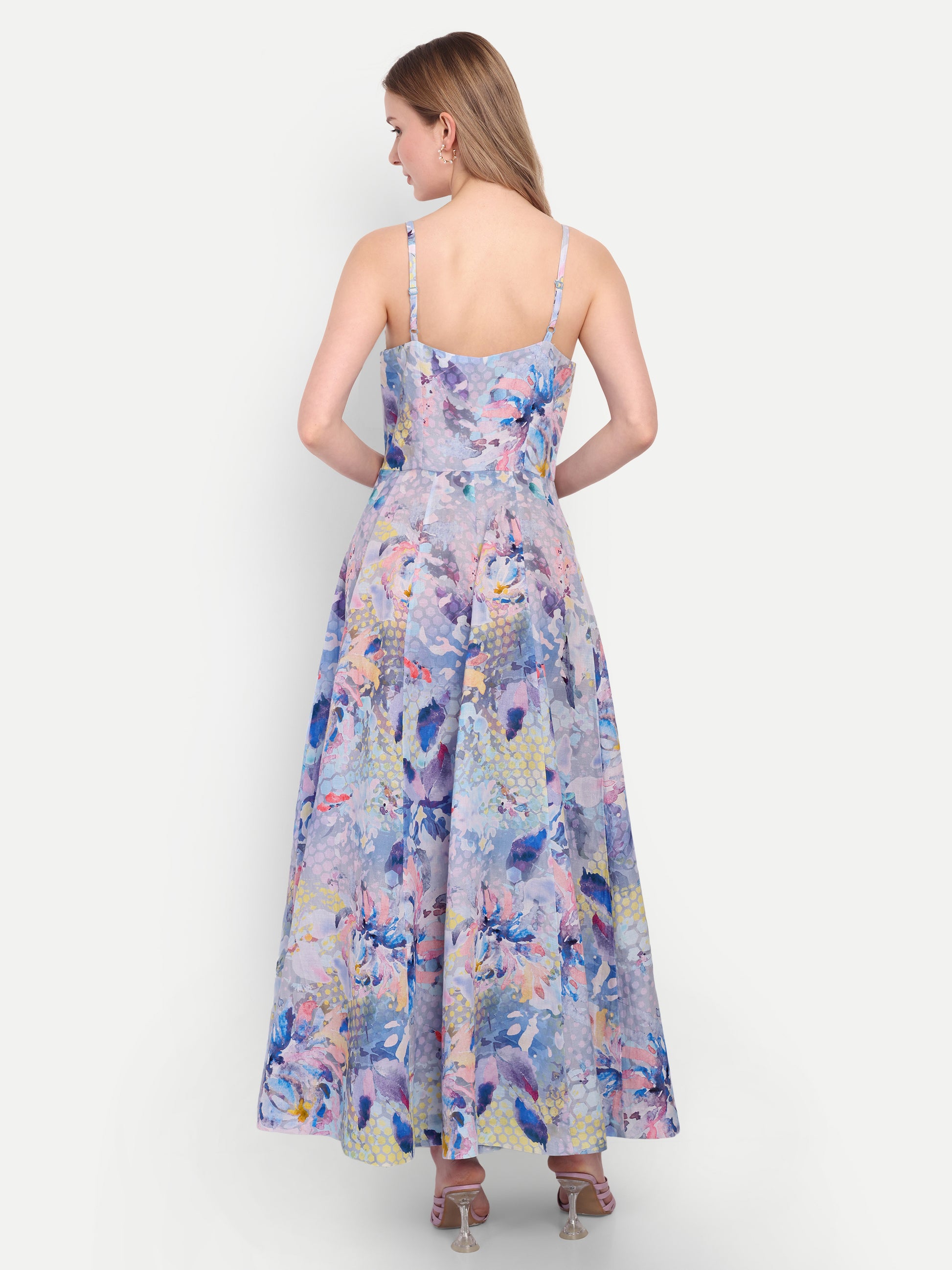 Luxury women’s blue floral Sumi maxi dress with elegant flowy silhouette and designer look