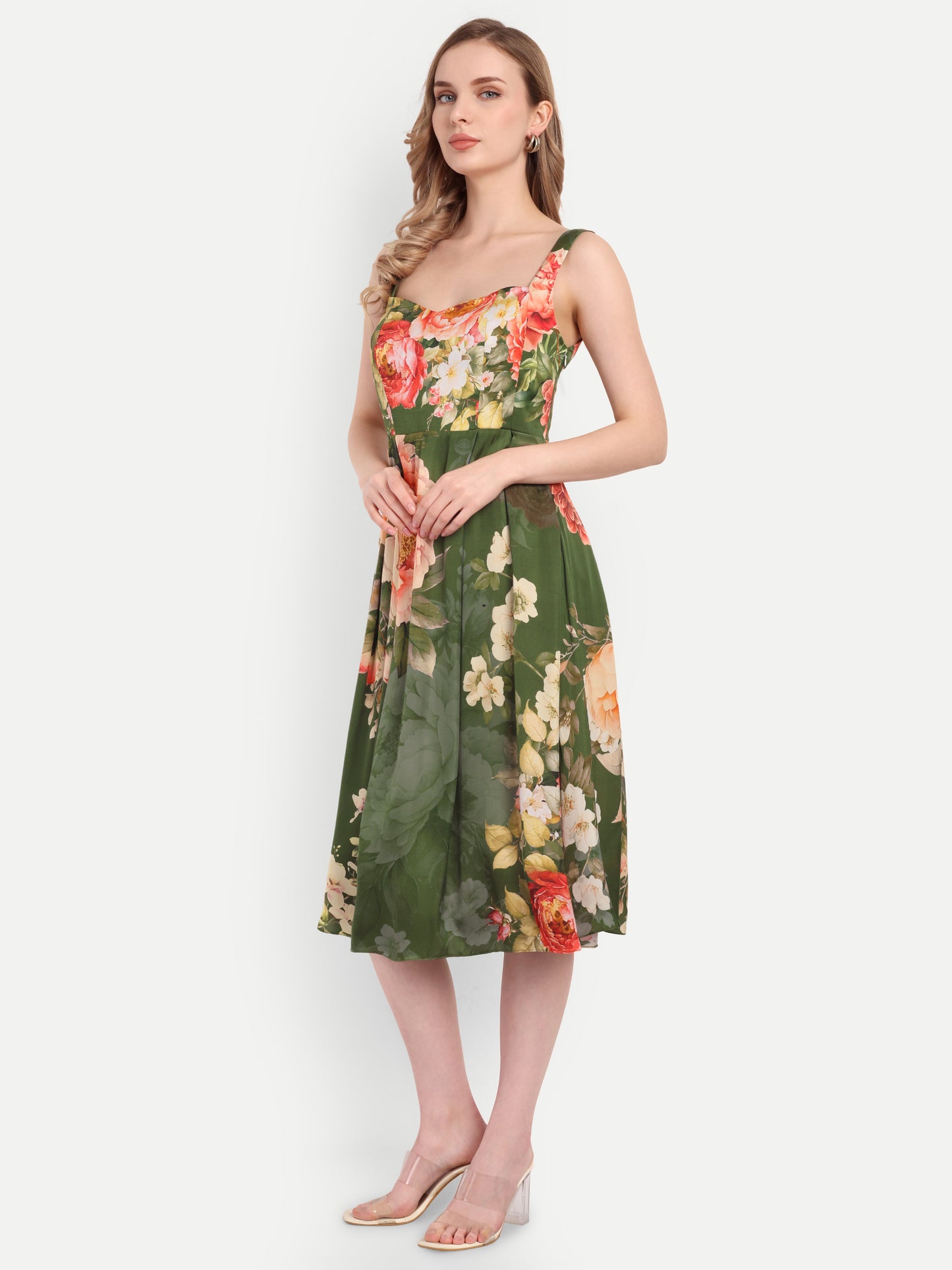 Luxury women’s green floral Buho midi dress with elegant flared silhouette and premium finish