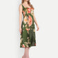 Luxury women’s green floral Buho midi dress with elegant flared silhouette and premium finish