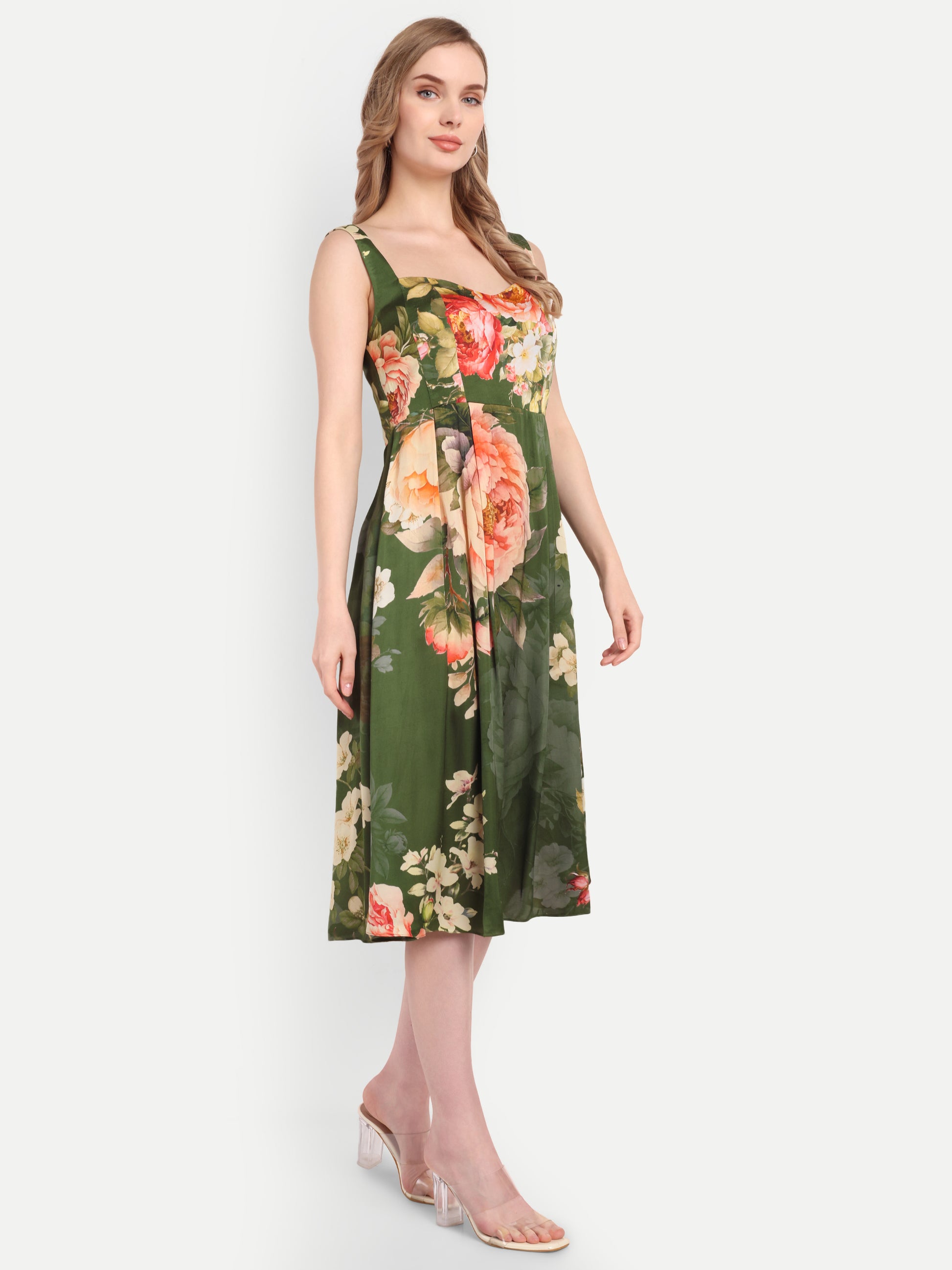 Luxury women’s green floral Buho midi dress with elegant flared silhouette and premium finish