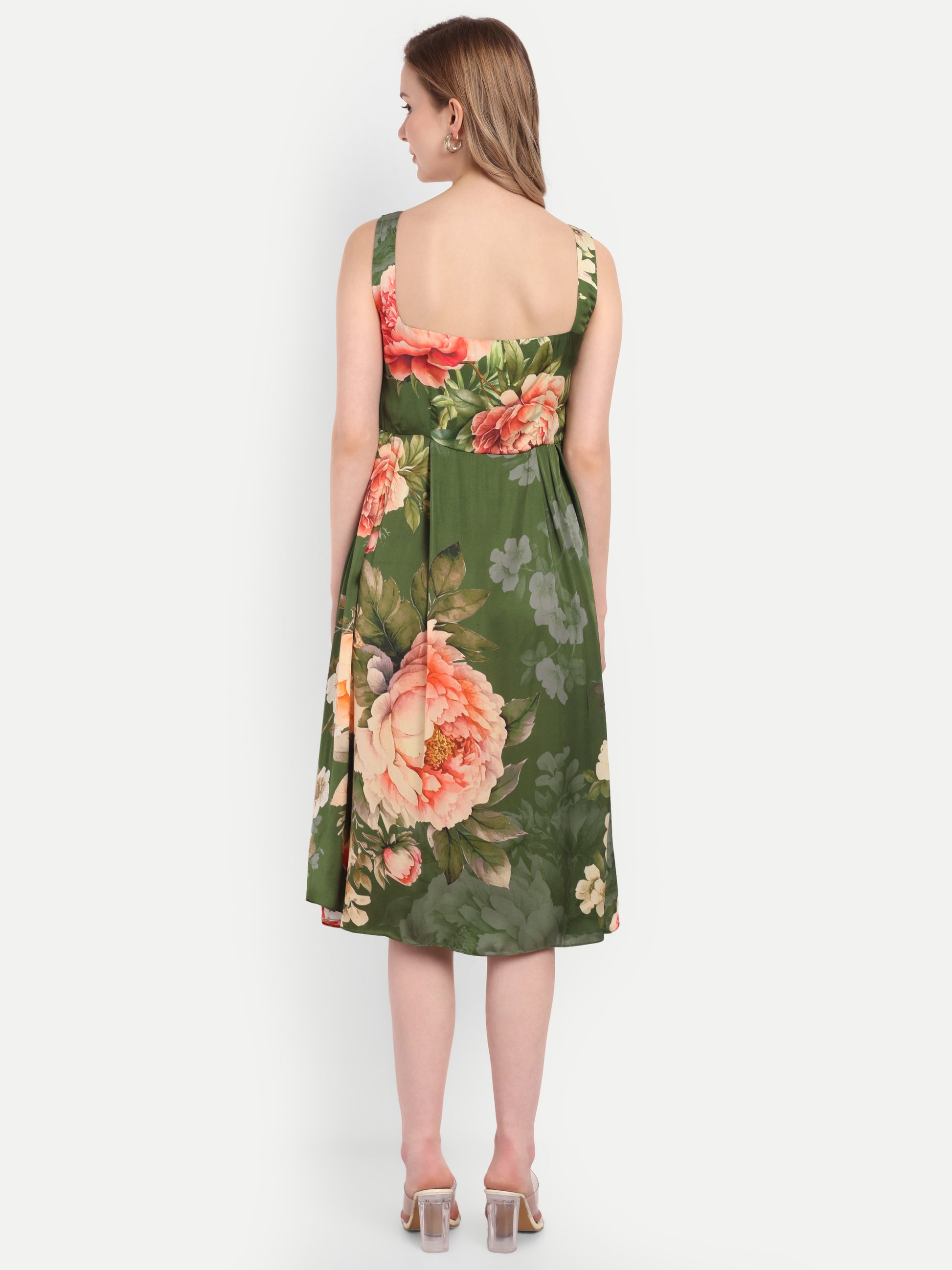 Luxury women’s green floral Buho midi dress with elegant flared silhouette and premium finish