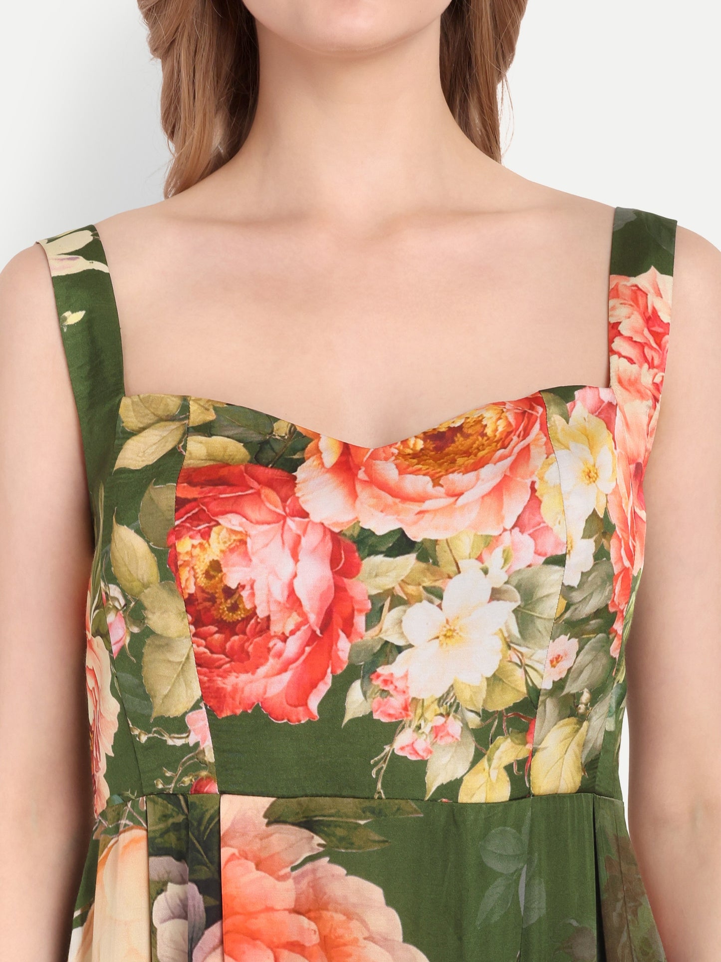 Luxury women’s green floral Buho midi dress with elegant flared silhouette and premium finish