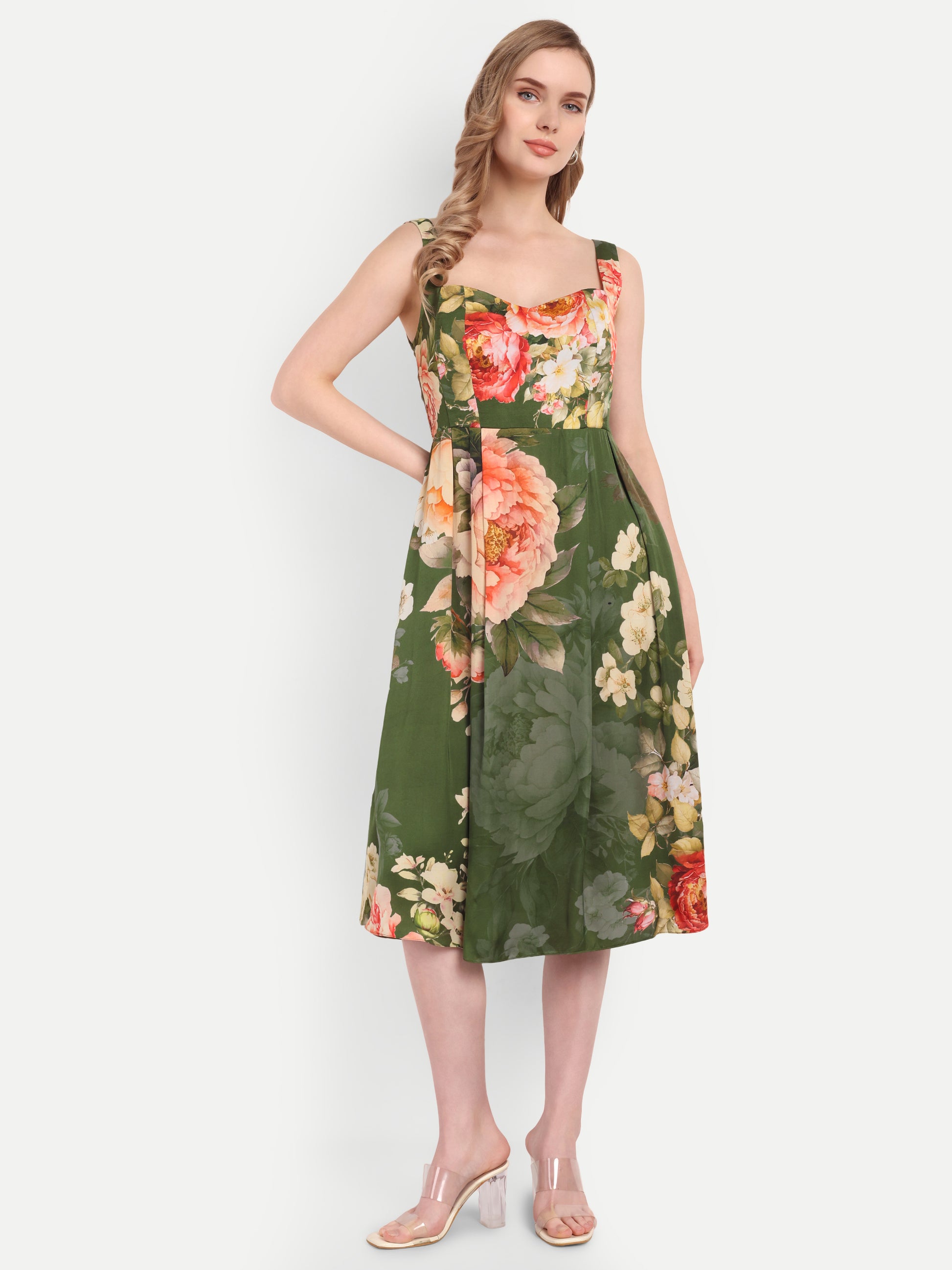 Luxury women’s green floral Buho midi dress with elegant flared silhouette and premium finish