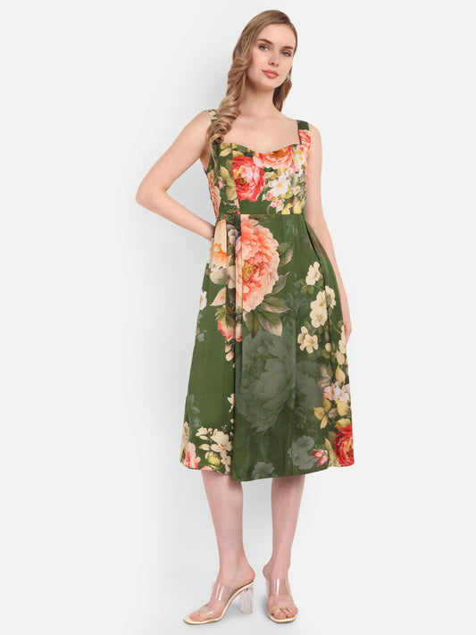 Luxury women’s green floral Buho midi dress with elegant flared silhouette and premium finish
