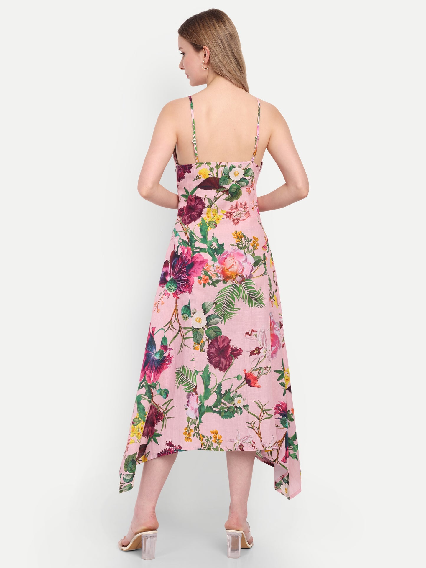 Luxury women’s pink floral Kuto midi dress with elegant flowy silhouette and premium design