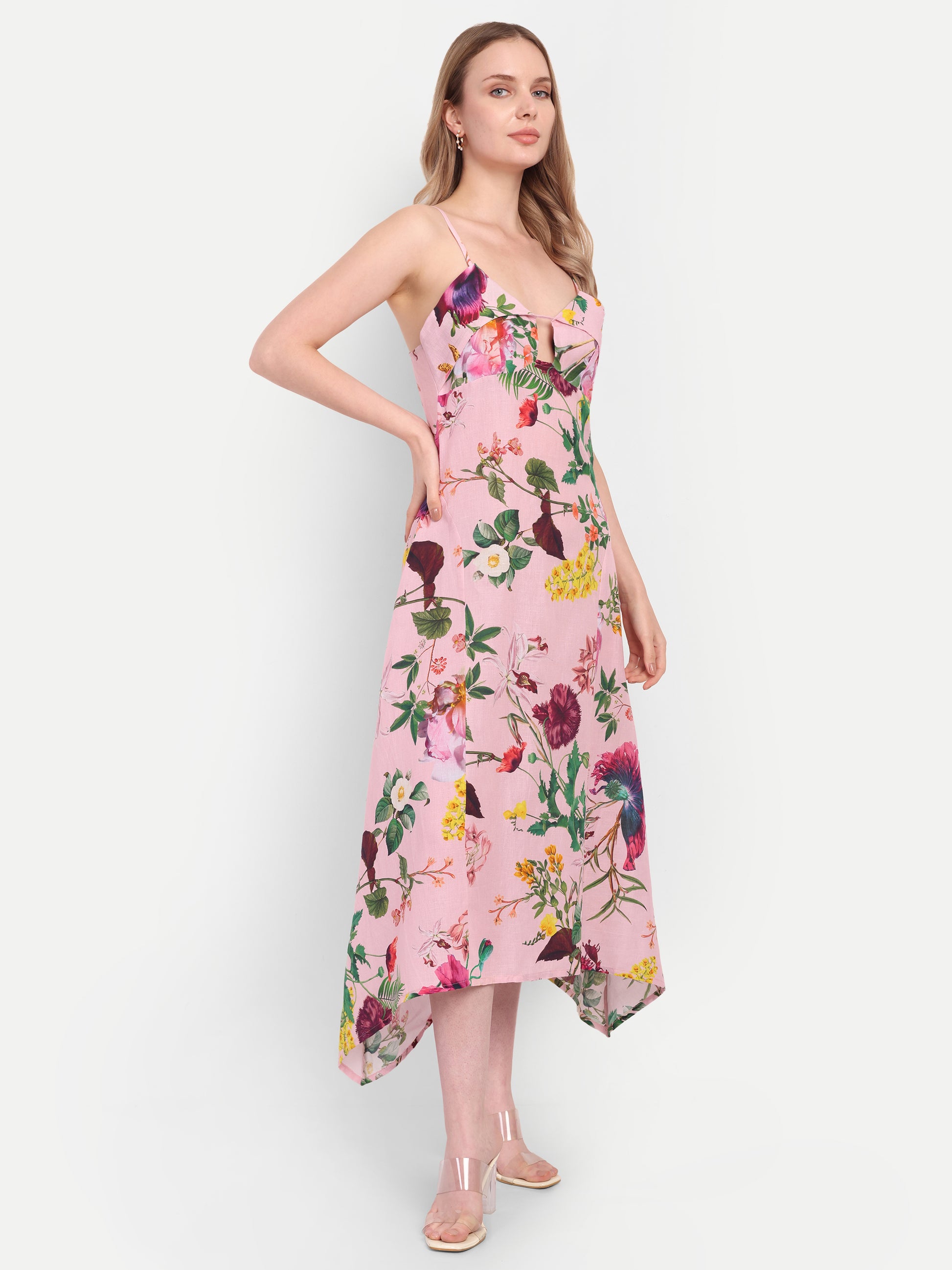 Luxury women’s pink floral Kuto midi dress with elegant flowy silhouette and premium design
