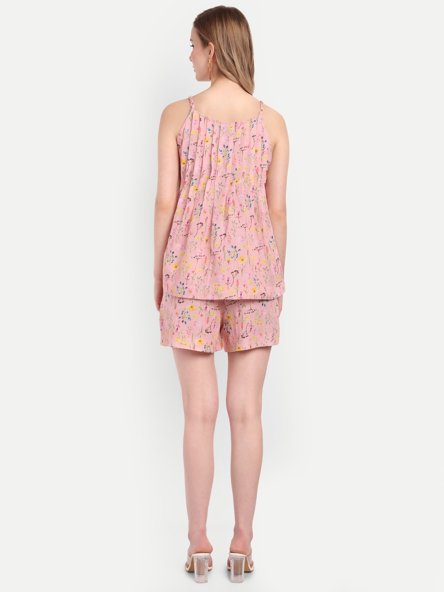 Women's pink floral print high-waist lelo shorts with flared hem and comfortable fit