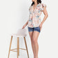 Women’s beige floral Amelia top with ruffle sleeves, soft flowy fit and elegant stylish design