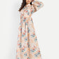 Women’s beige floral Saina dress with long sleeves, flowy maxi fit and elegant stylish design