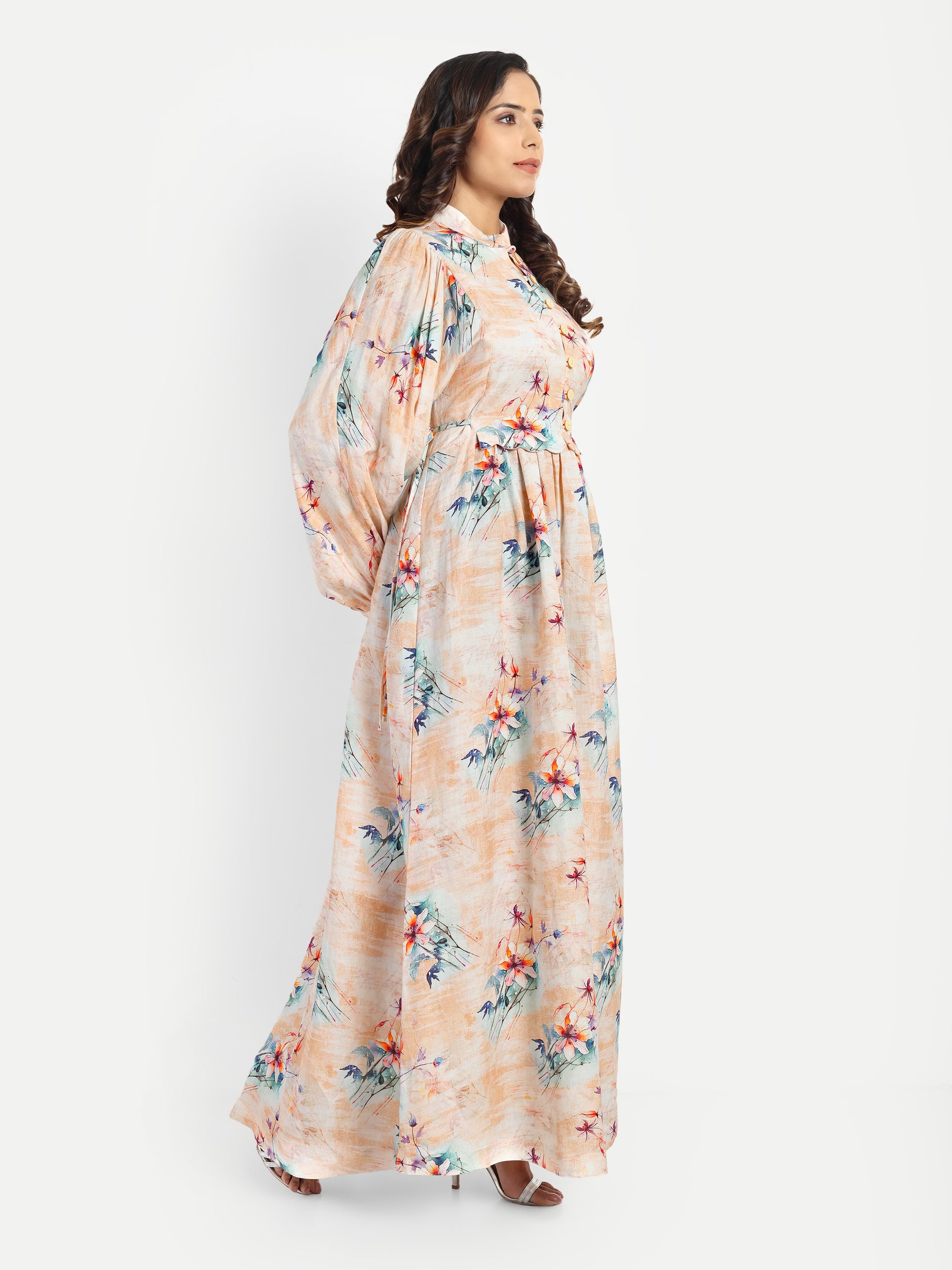 Women’s beige floral Saina dress with long sleeves, flowy maxi fit and elegant stylish design