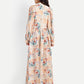 Women’s beige floral Saina dress with long sleeves, flowy maxi fit and elegant stylish design