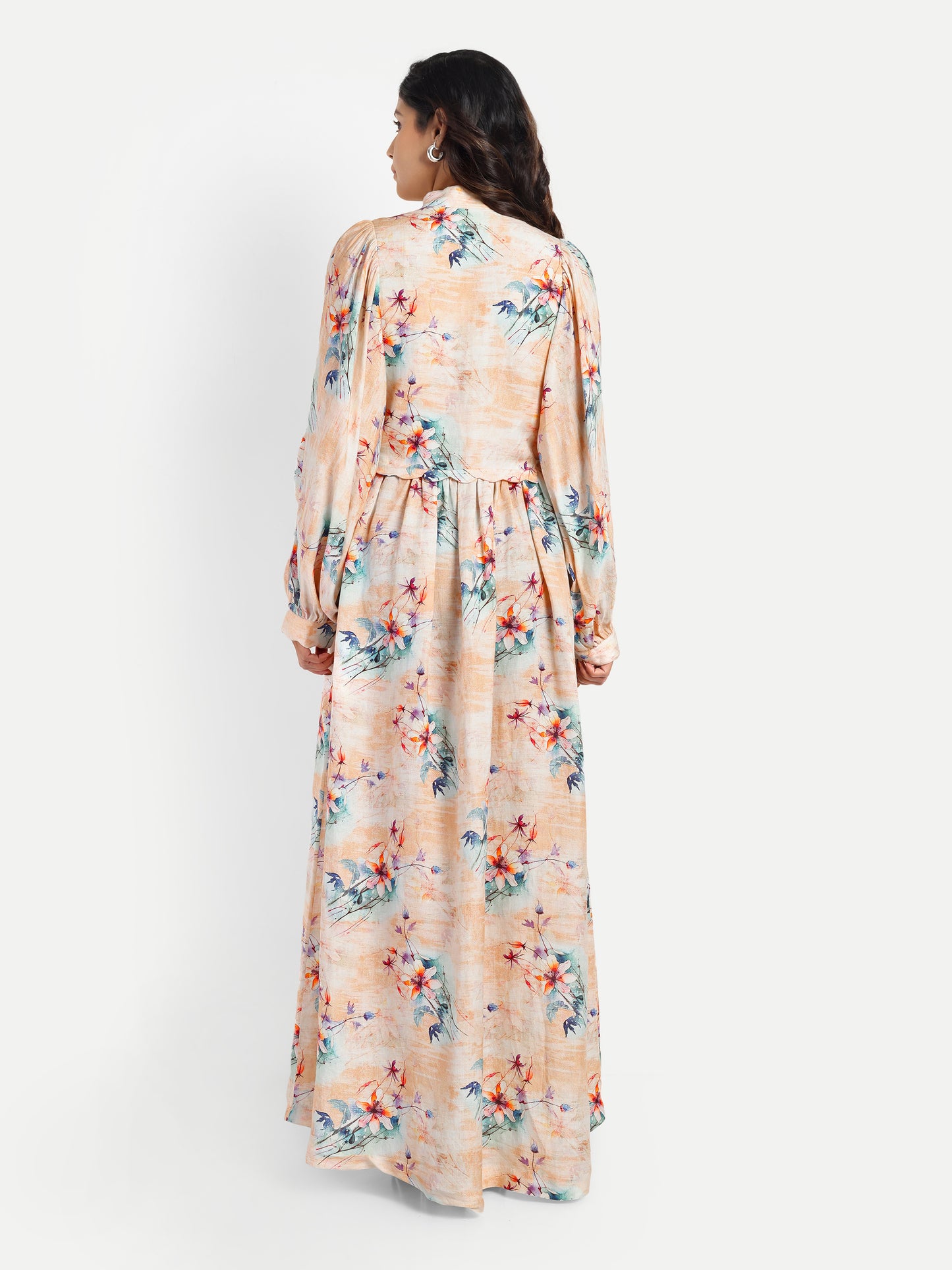 Women’s beige floral Saina dress with long sleeves, flowy maxi fit and elegant stylish design