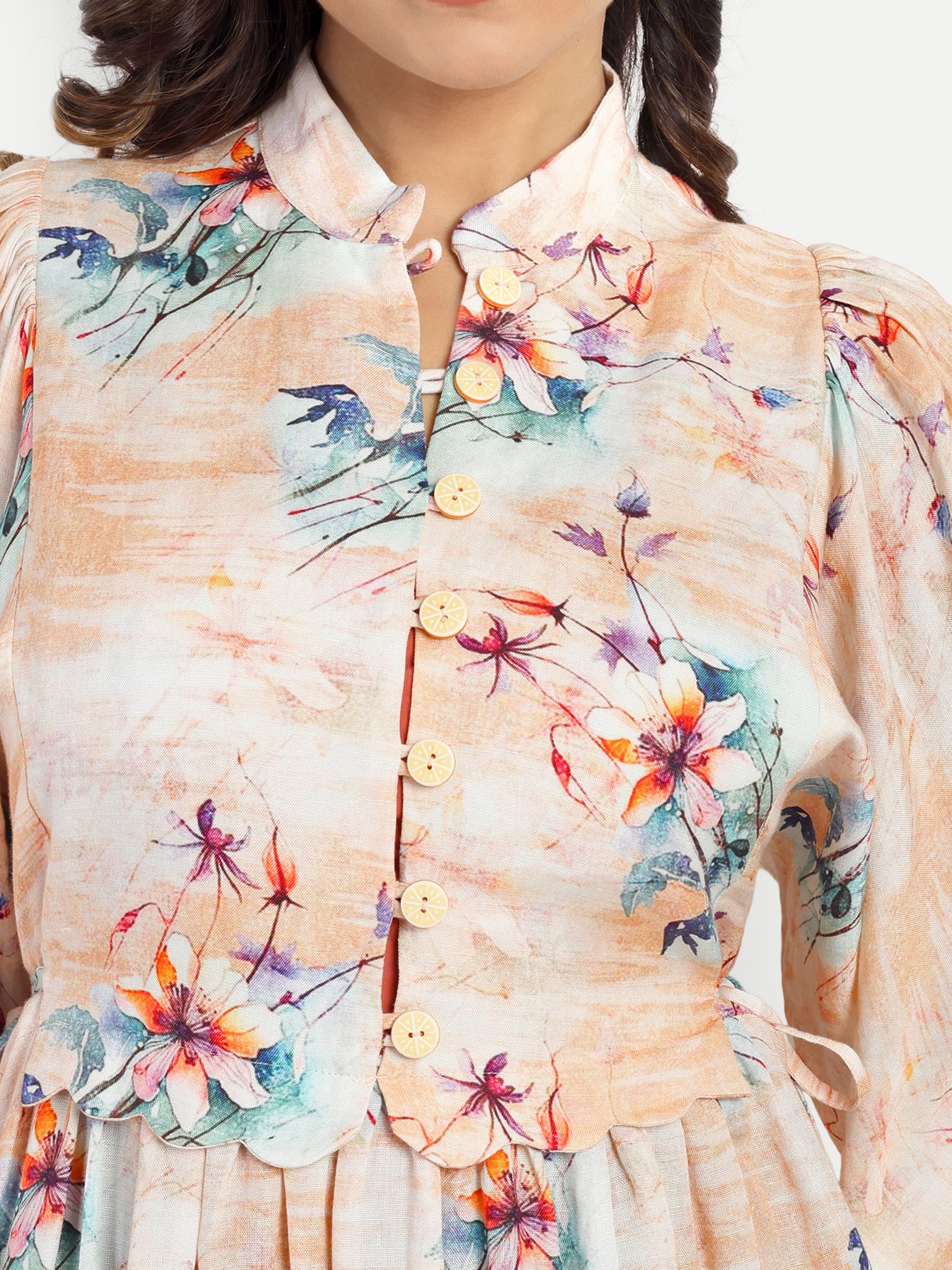 Women’s beige floral Saina dress with long sleeves, flowy maxi fit and elegant stylish design