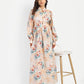Women’s beige floral Saina dress with long sleeves, flowy maxi fit and elegant stylish design