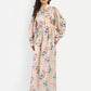 Women’s beige floral Saina dress with long sleeves, flowy maxi fit and elegant stylish design