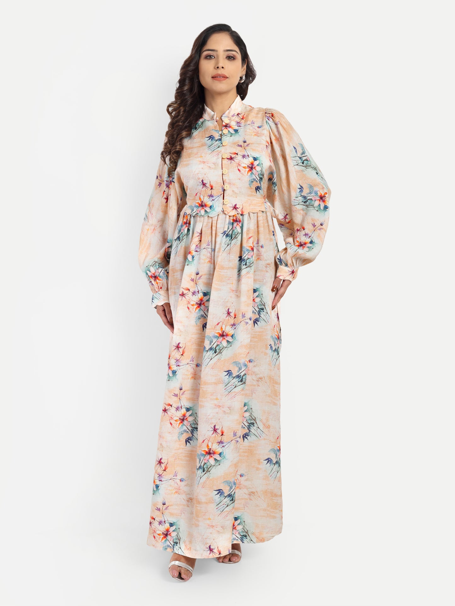Women’s beige floral Saina dress with long sleeves, flowy maxi fit and elegant stylish design