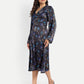 Women’s black and blue floral Reko midi dress with V-neck and elegant flowy fit