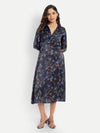 Women’s black and blue floral Reko midi dress with V-neck and elegant flowy fit