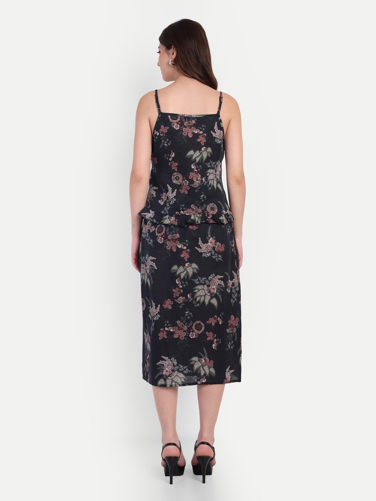 Women’s black floral Piku skirt CB set with sleeveless top and midi skirt