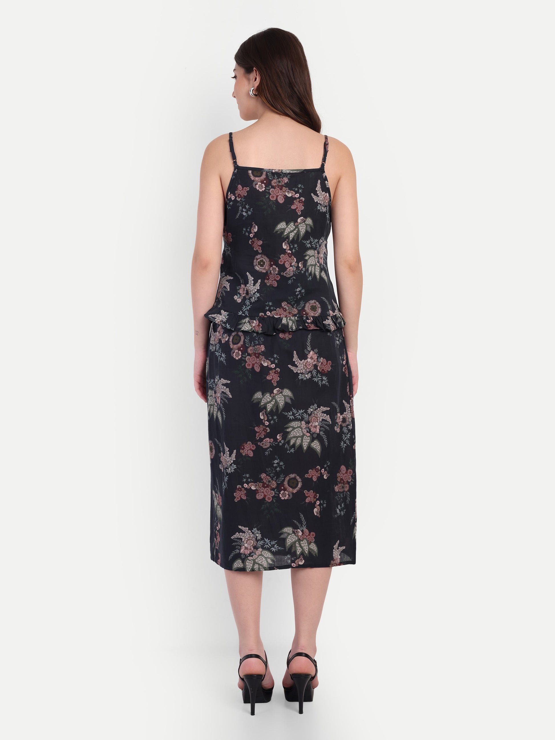 Women’s black floral Piku skirt CB set with sleeveless top and midi skirt