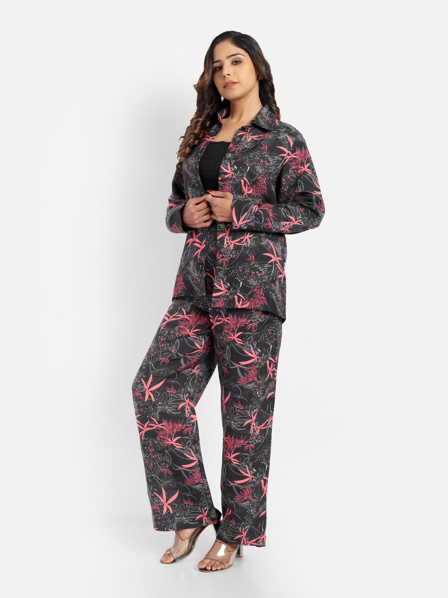Women’s black printed Freya jacket CB set with long sleeve jacket and matching wide-leg pants