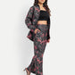 Women’s black printed Freya jacket CB set with long sleeve jacket and matching wide-leg pants