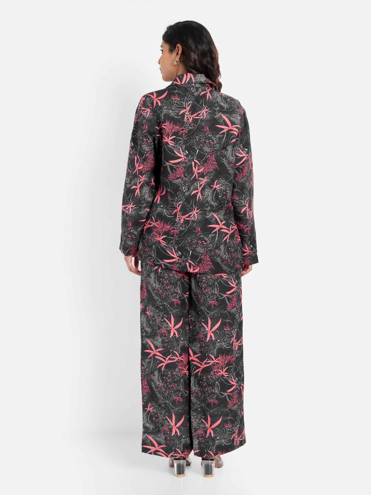 Women’s black printed Freya jacket CB set with long sleeve jacket and matching wide-leg pants