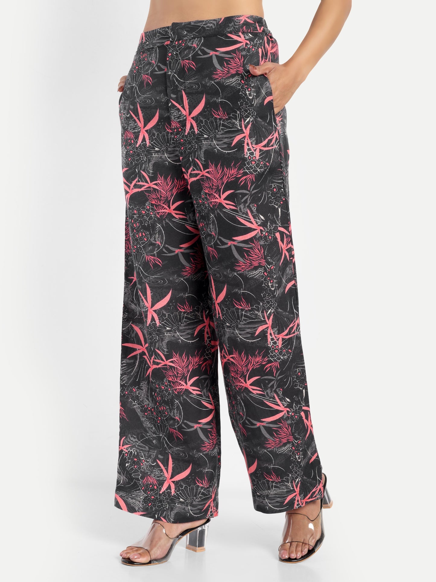 Women’s black printed Freya wide-leg pants with relaxed fit and statement floral design
