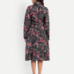 Women’s black printed Luna midi dress with long sleeves, button-down front and elegant fit