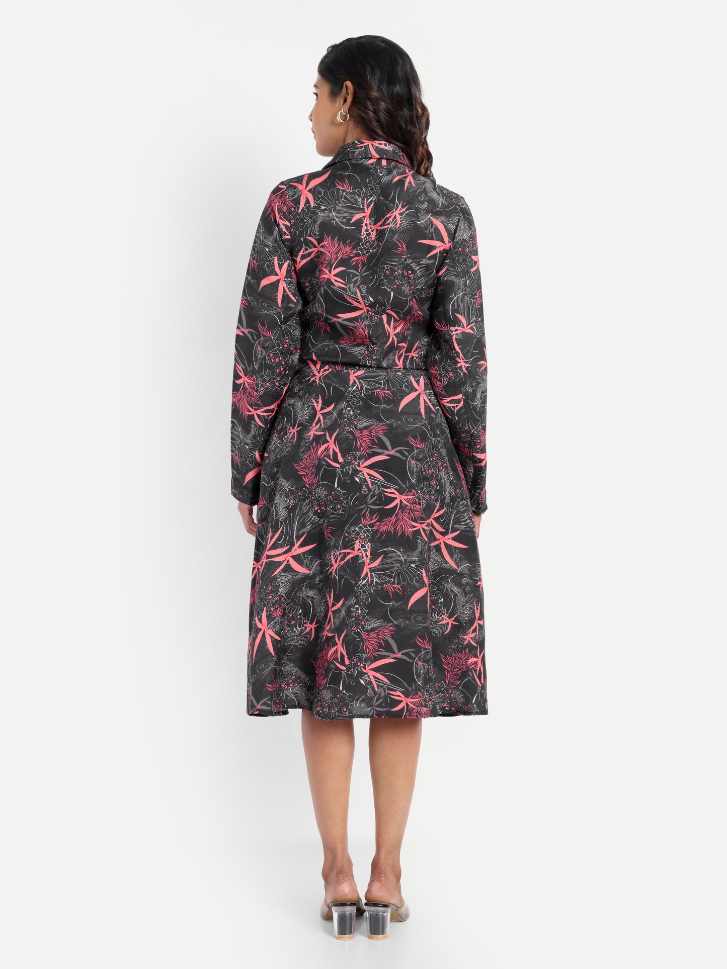 Women’s black printed Luna midi dress with long sleeves, button-down front and elegant fit