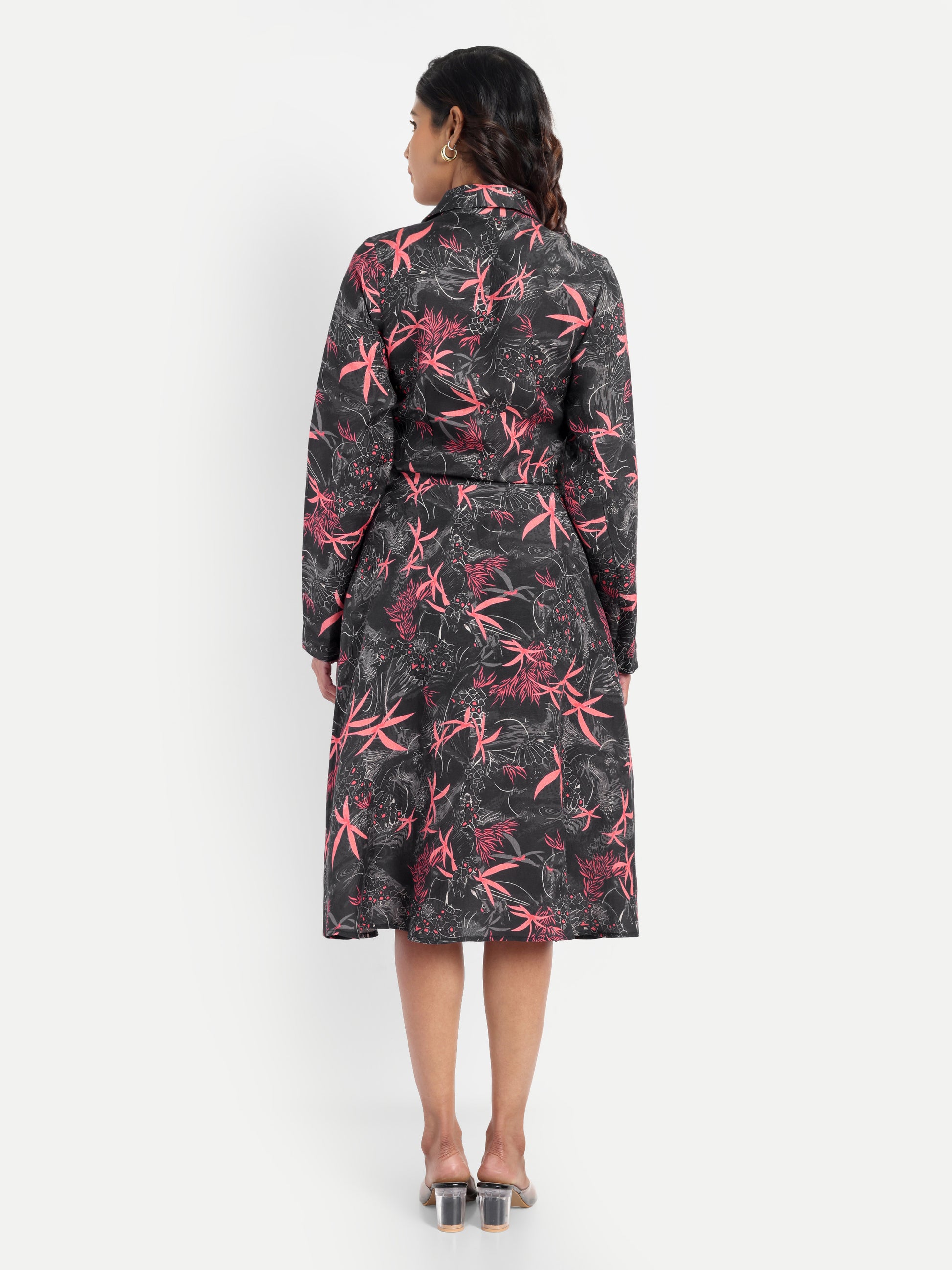 Women’s black printed Luna midi dress with long sleeves, button-down front and elegant fit