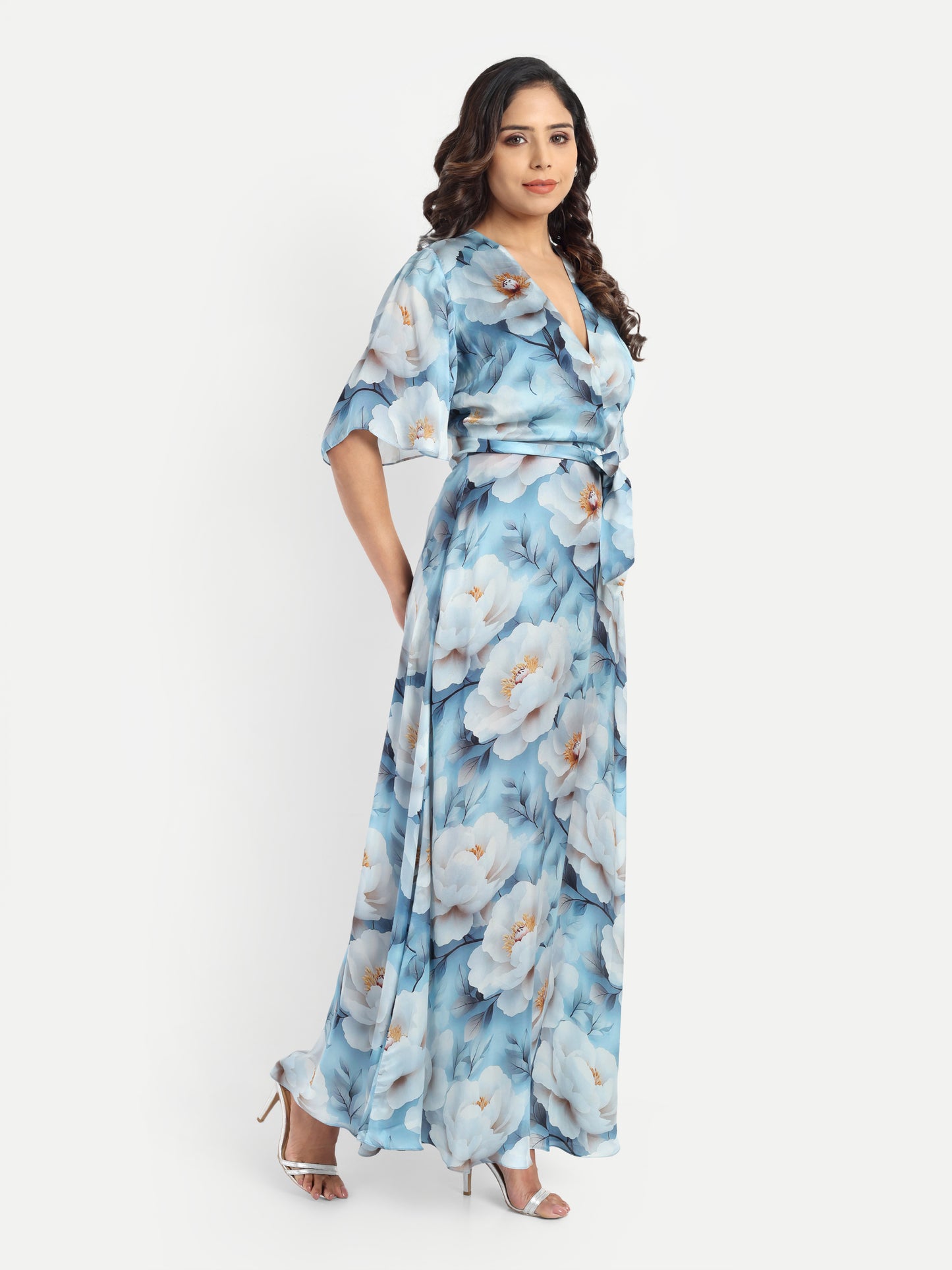 Women’s blue floral Isabella dress with wrap style, flowy maxi fit and elegant stylish design