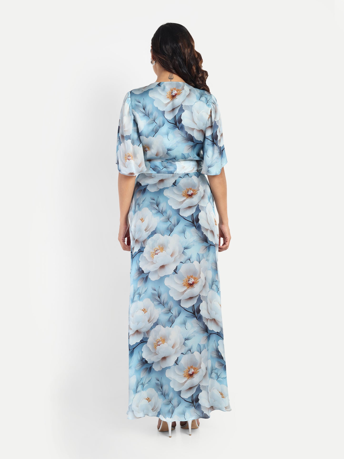Women’s blue floral Isabella dress with wrap style, flowy maxi fit and elegant stylish design