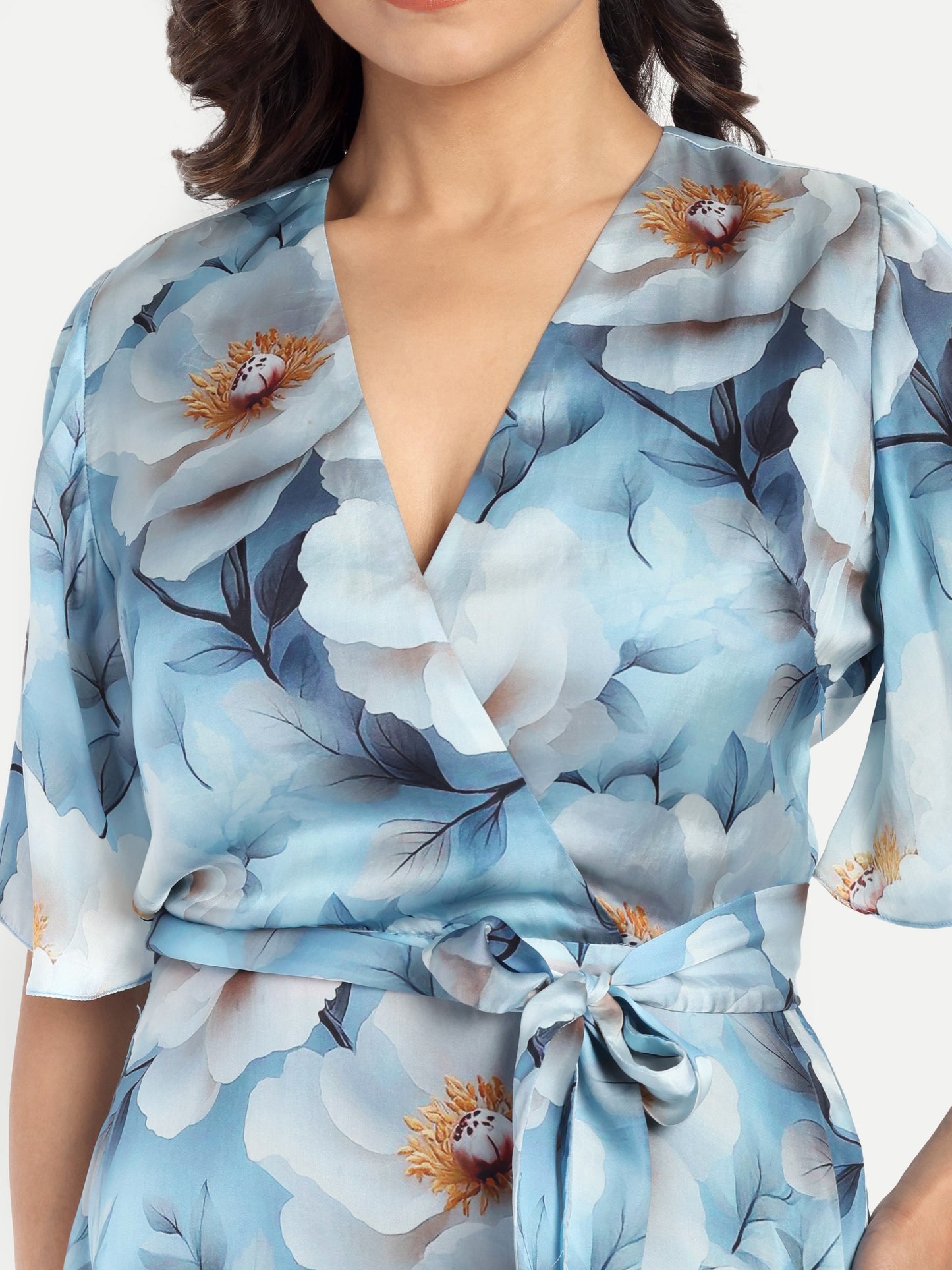 Women’s blue floral Isabella dress with wrap style, flowy maxi fit and elegant stylish design
